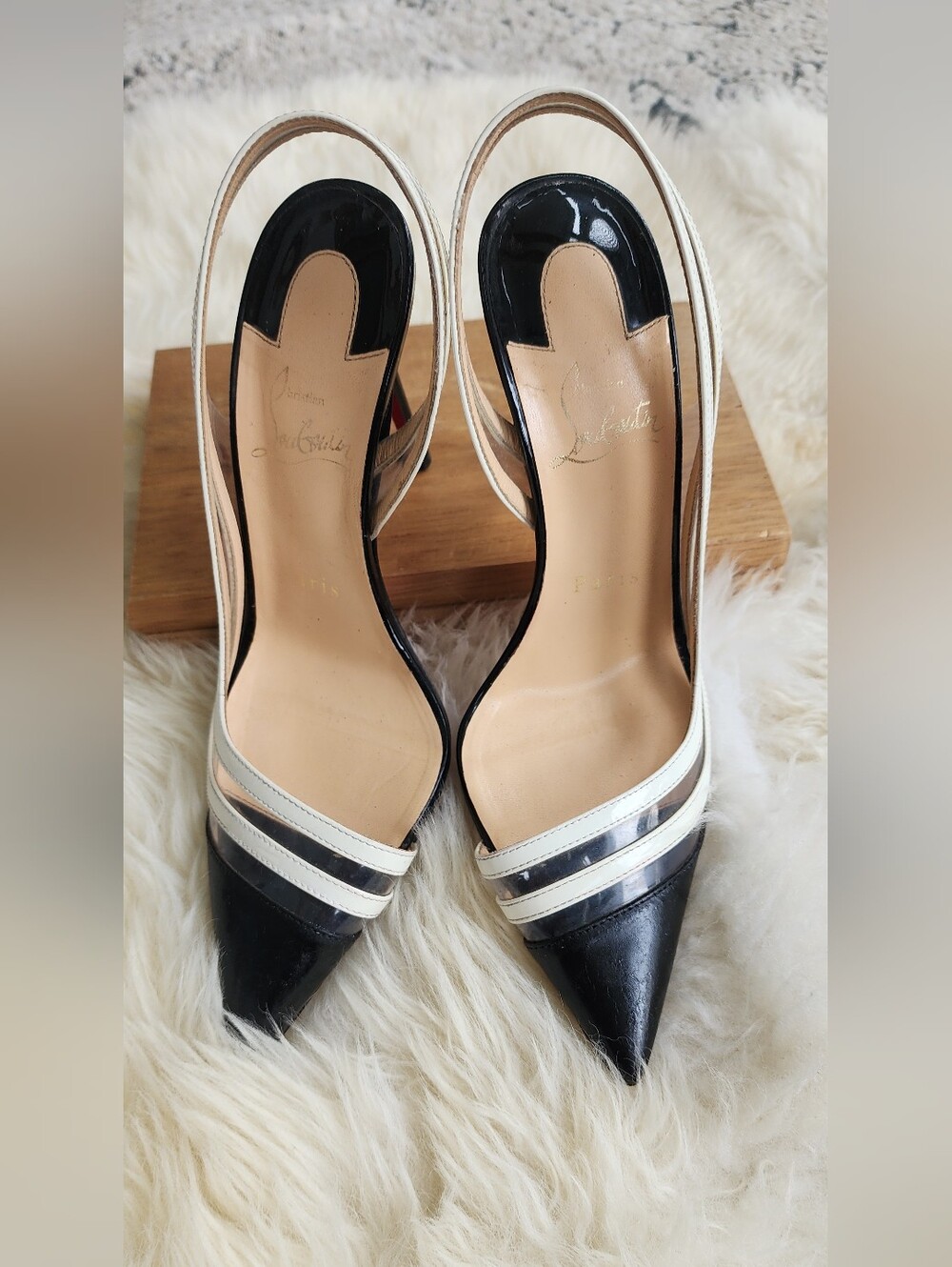 Christian Louboutin Black and White Pointed Toe Slingback Heels